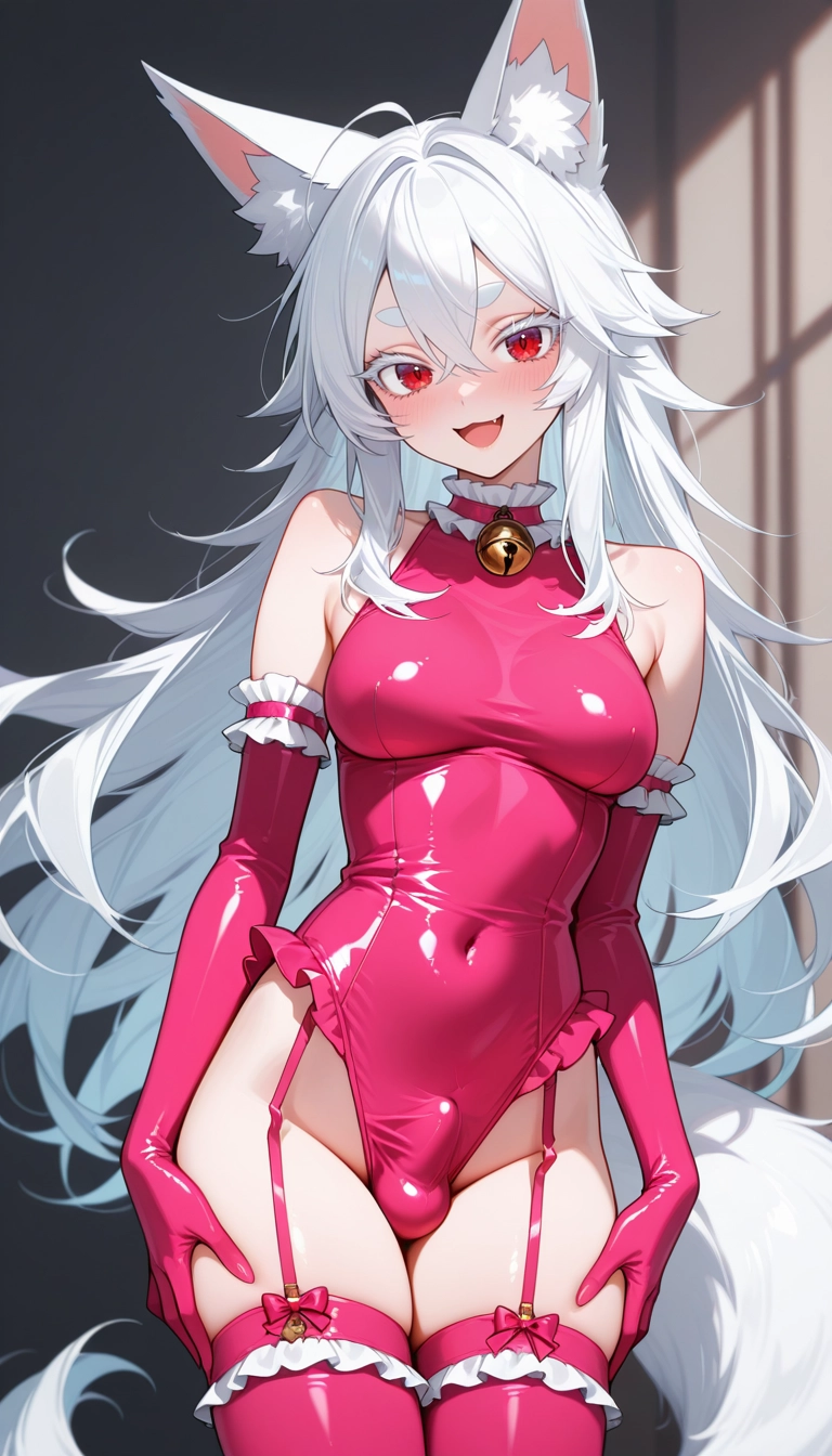 solo, gloves, thighhighs, pink thighhighs, animal ears, white hair · Yamete.gg
