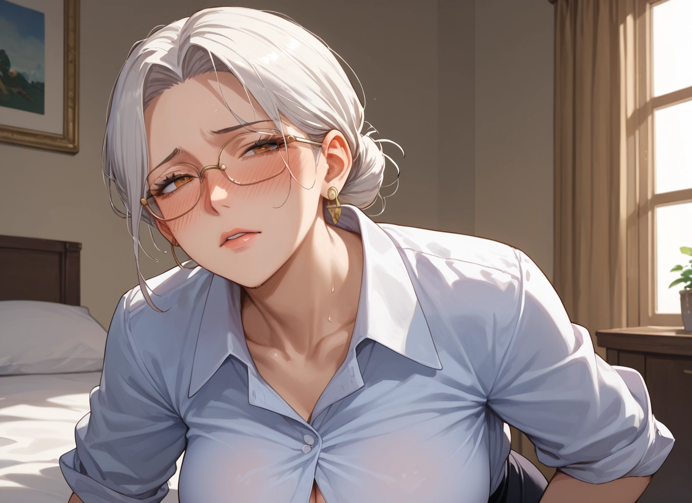 1girl, glasses, earrings, shirt, blush, jewelry · Yamete.gg