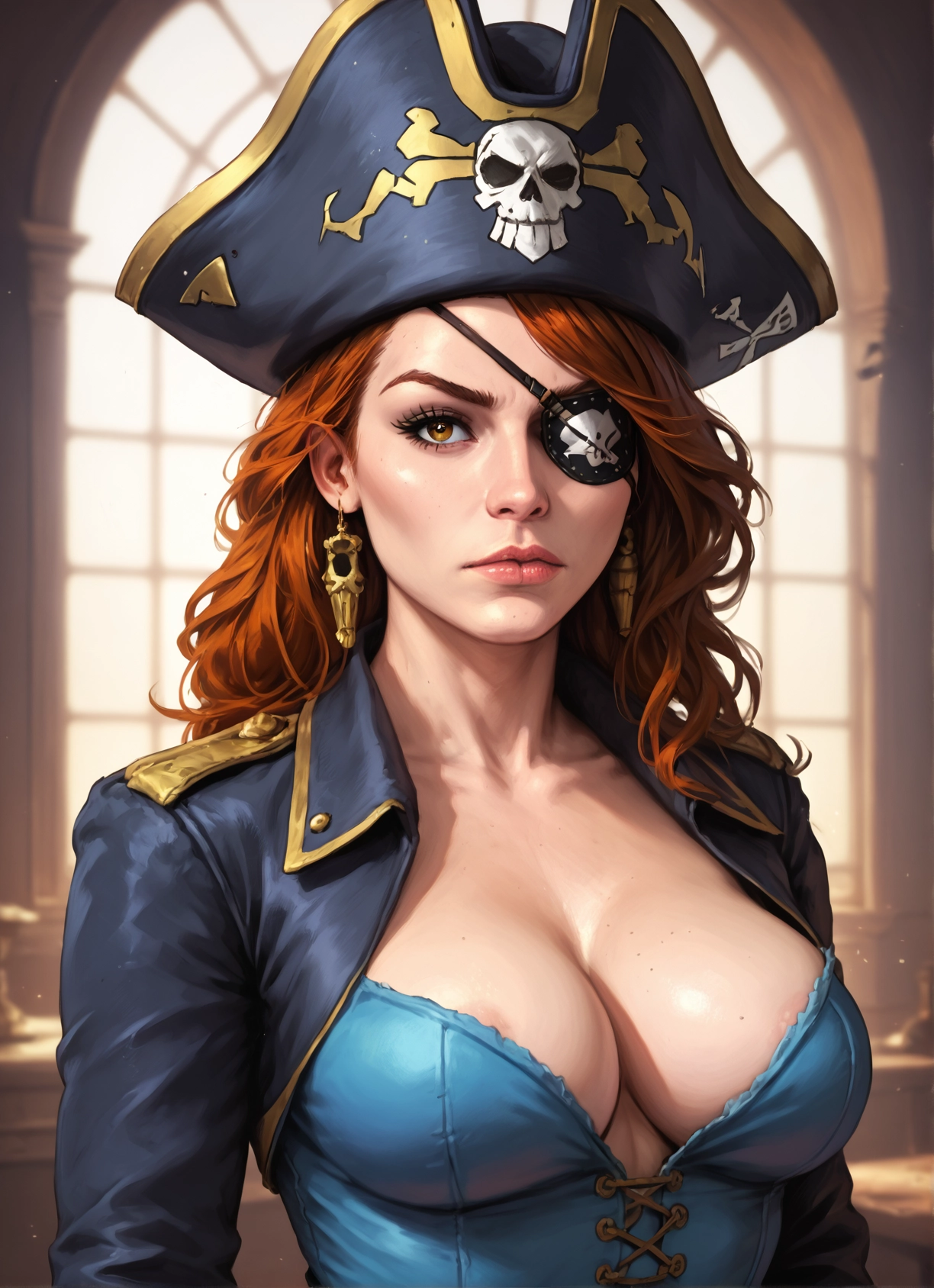 1girl, breasts, eyepatch, hat, solo, jewelry · Yamete.gg