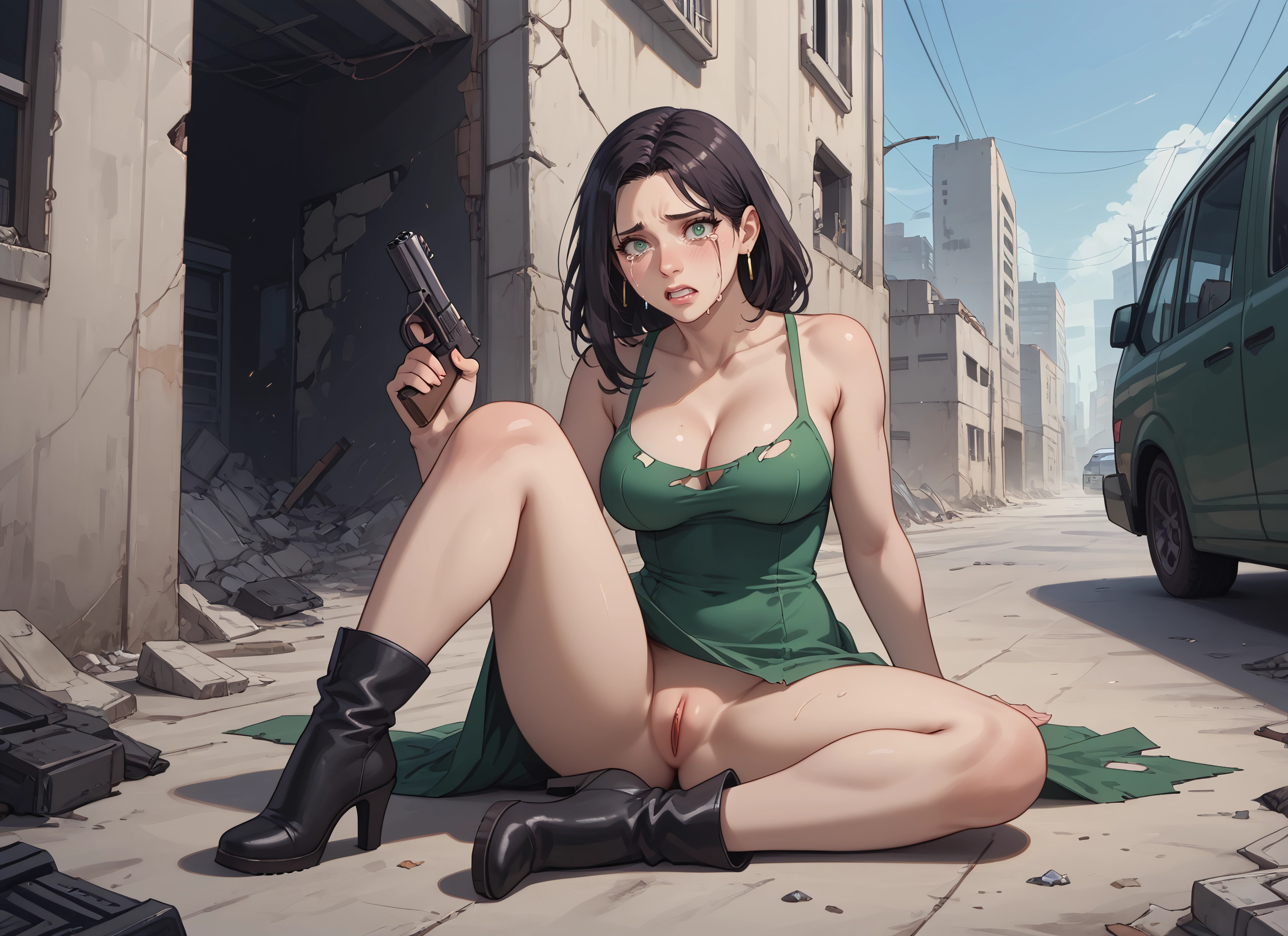 1girl, weapon, pussy, breasts, gun, dress · Yamete.gg