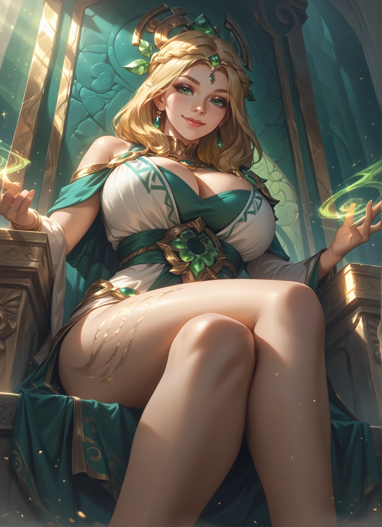 1girl, breasts, blonde hair, jewelry, sitting, crossed legs · Yamete.gg