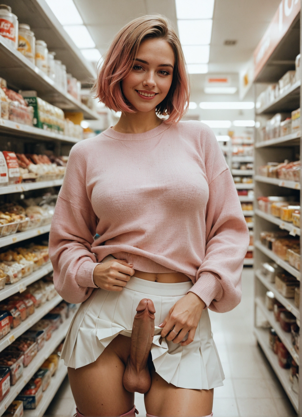 futanari, 1girl, penis, breasts, skirt, pink hair · Yamete.gg