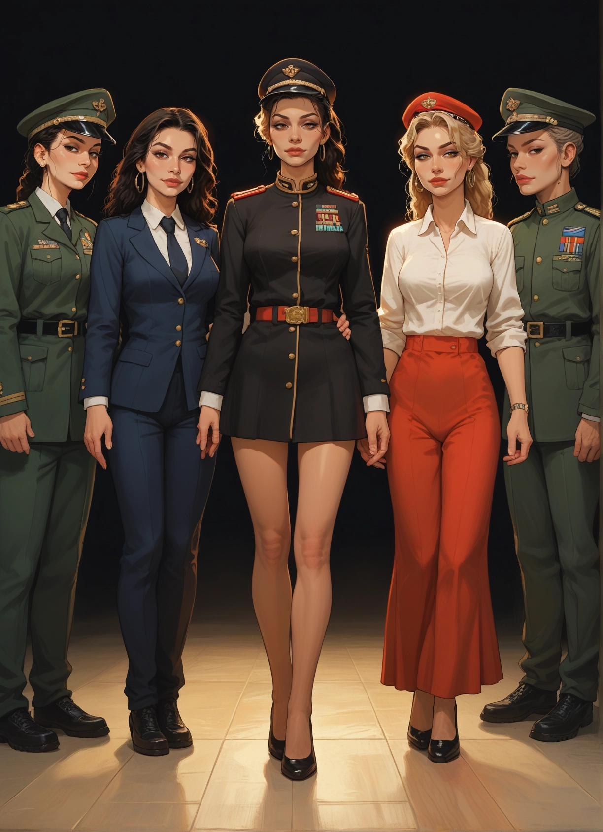 multiple girls, 4girls, uniform, hat, skirt, military · Yamete.gg