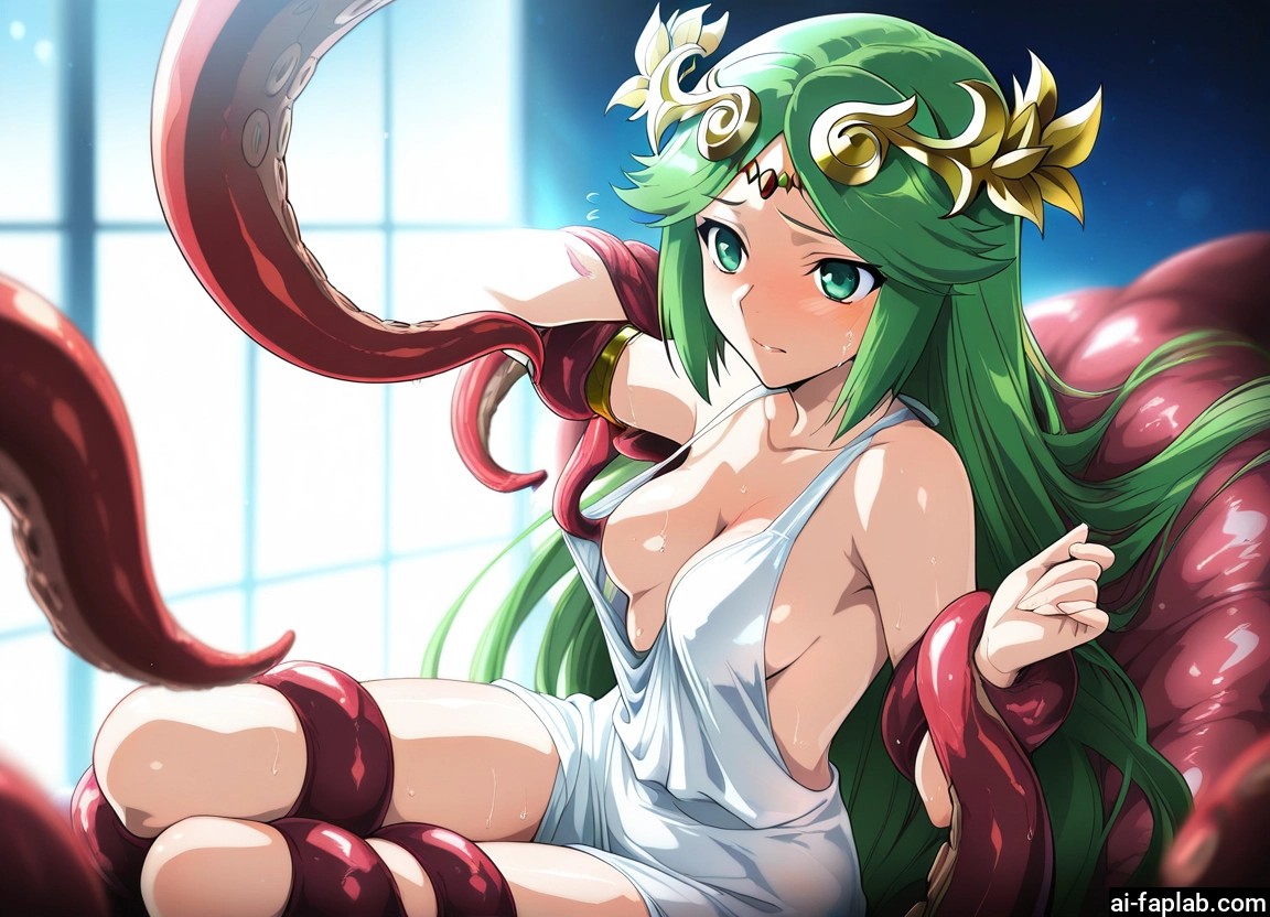 1girl, breasts, long hair, tentacles, green hair, green eyes