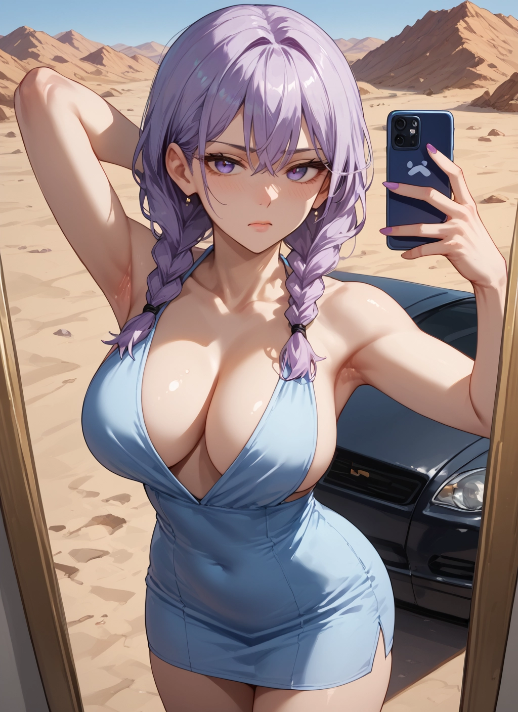 breasts, 1girl, phone, large breasts, braid, dress · Yamete.gg
