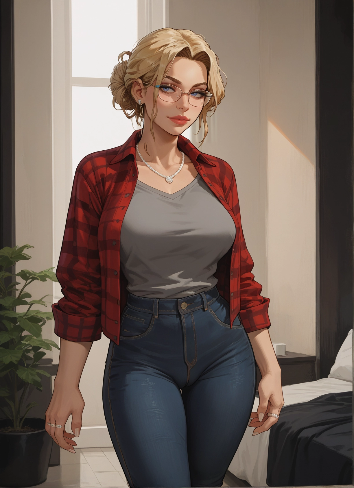 1girl, jewelry, blonde hair, pants, glasses, breasts · Yamete.gg