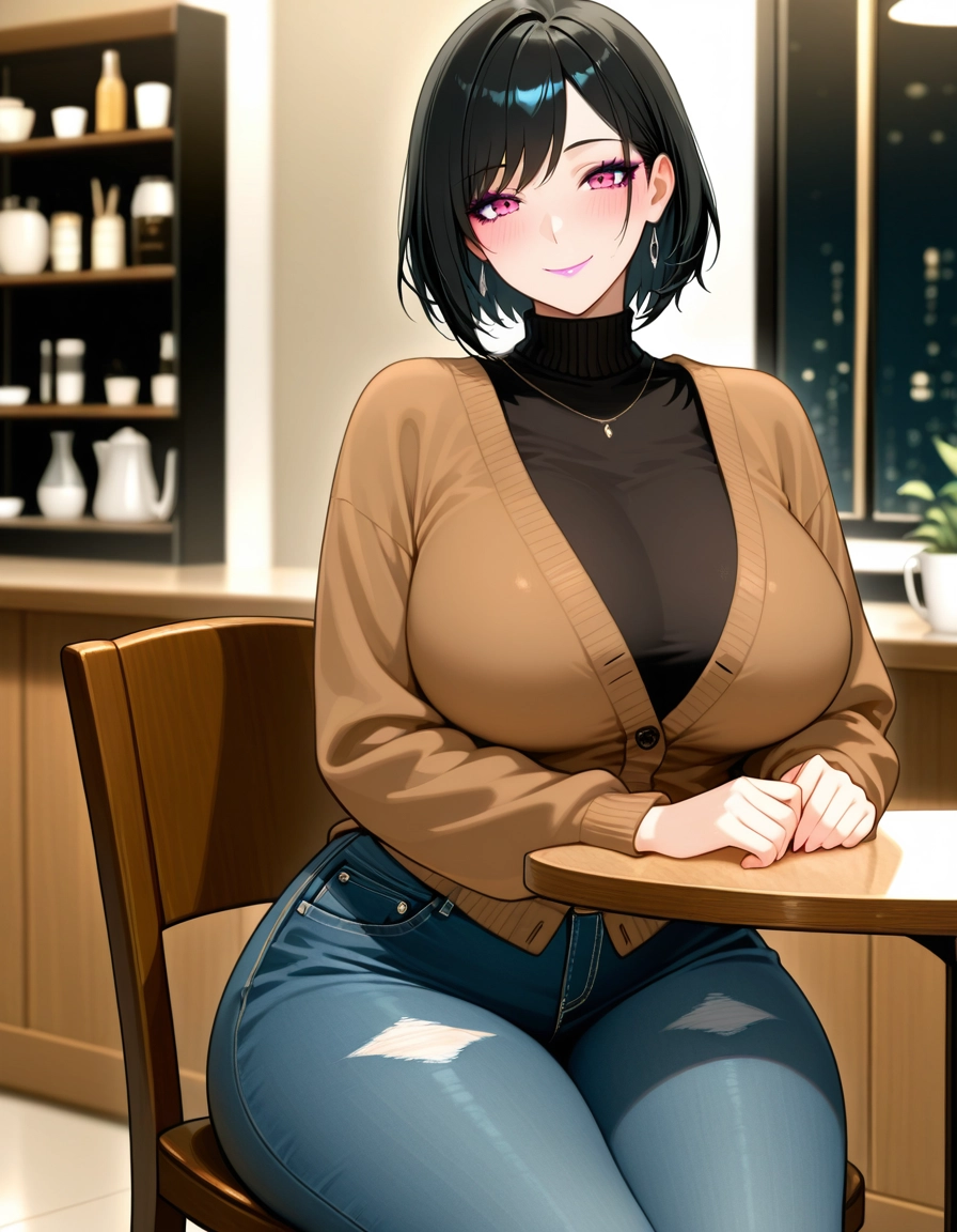 1girl, breasts, denim, black hair, jewelry, solo · Yamete.gg