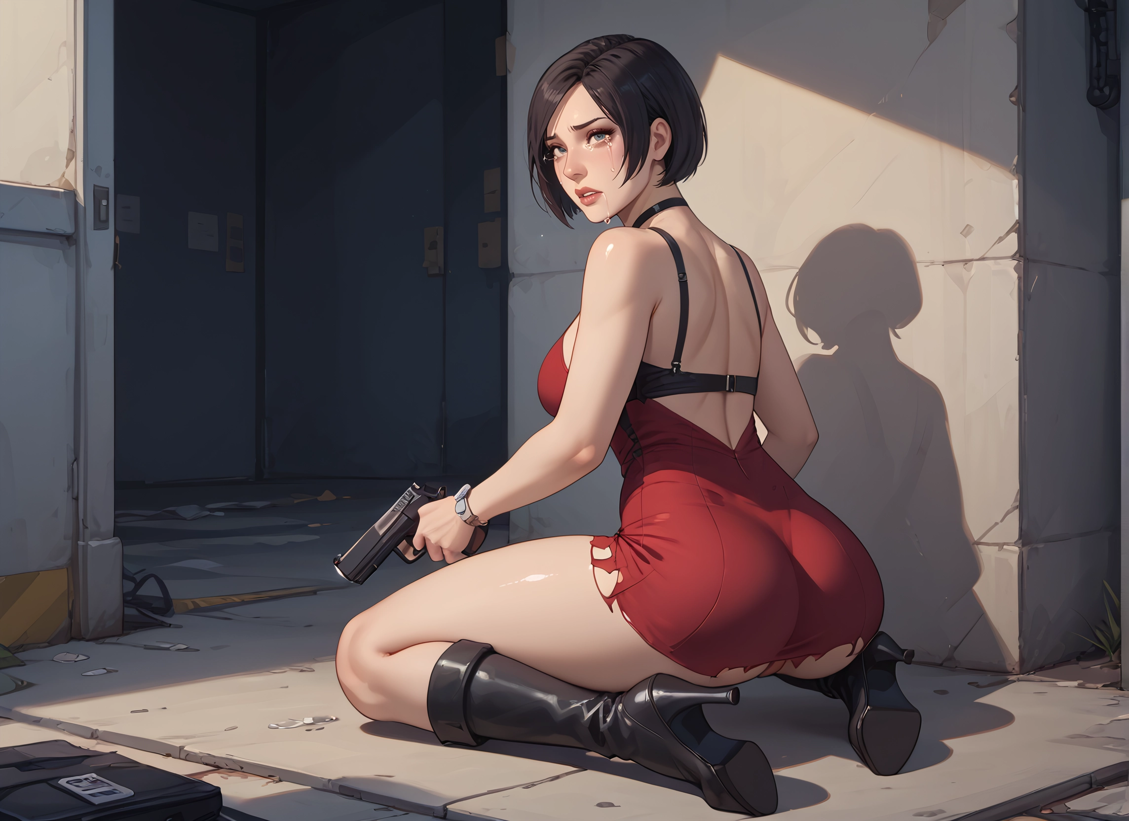 weapon, gun, 1girl, ass, boots, short hair · Yamete.gg