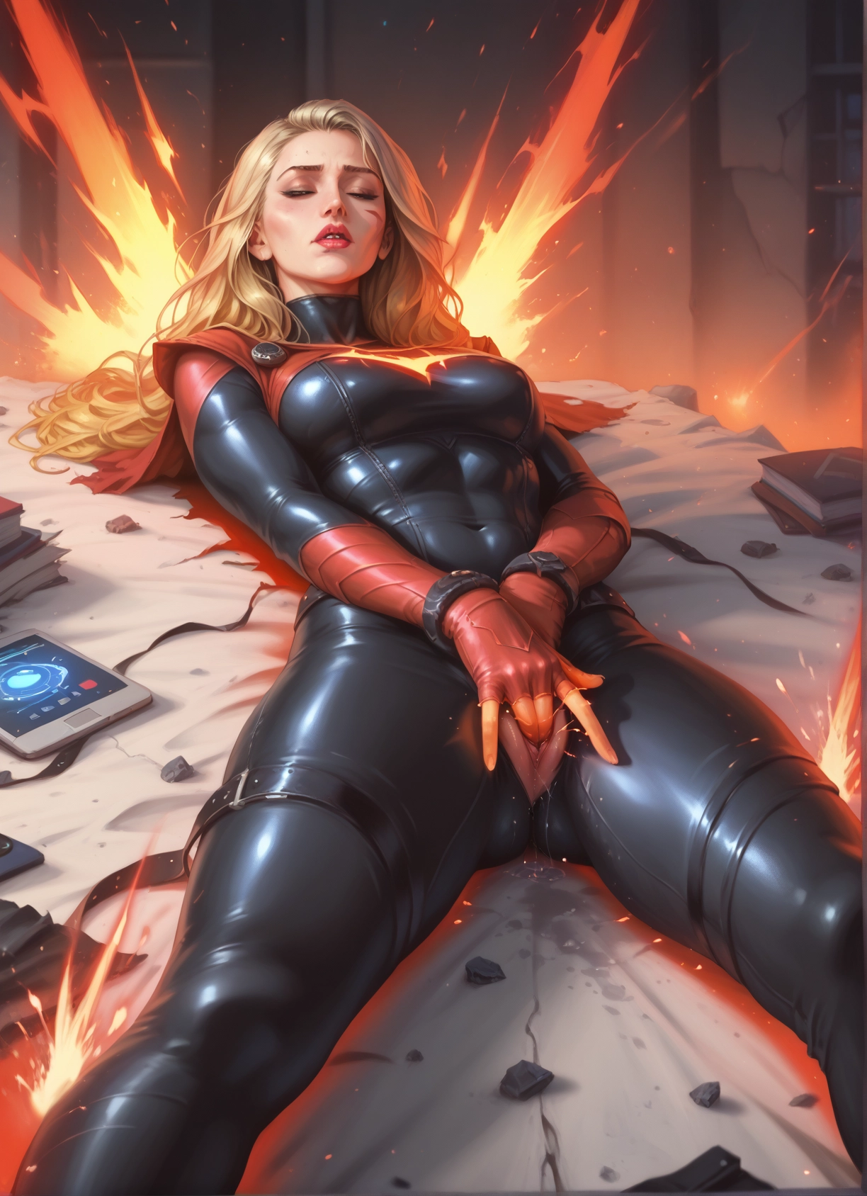 1girl, blonde hair, solo, bodysuit, masturbation, breasts · Yamete.gg