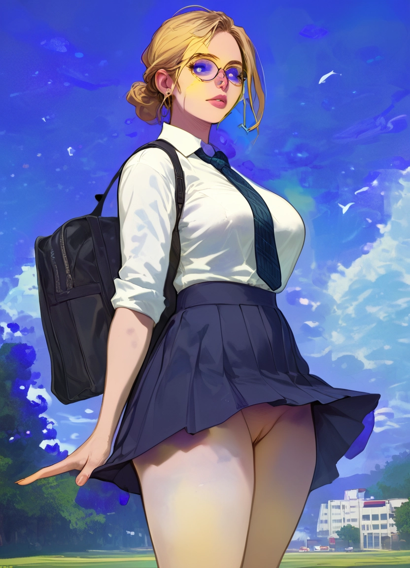 1girl, skirt, blonde hair, necktie, bag, solo · Yamete.gg