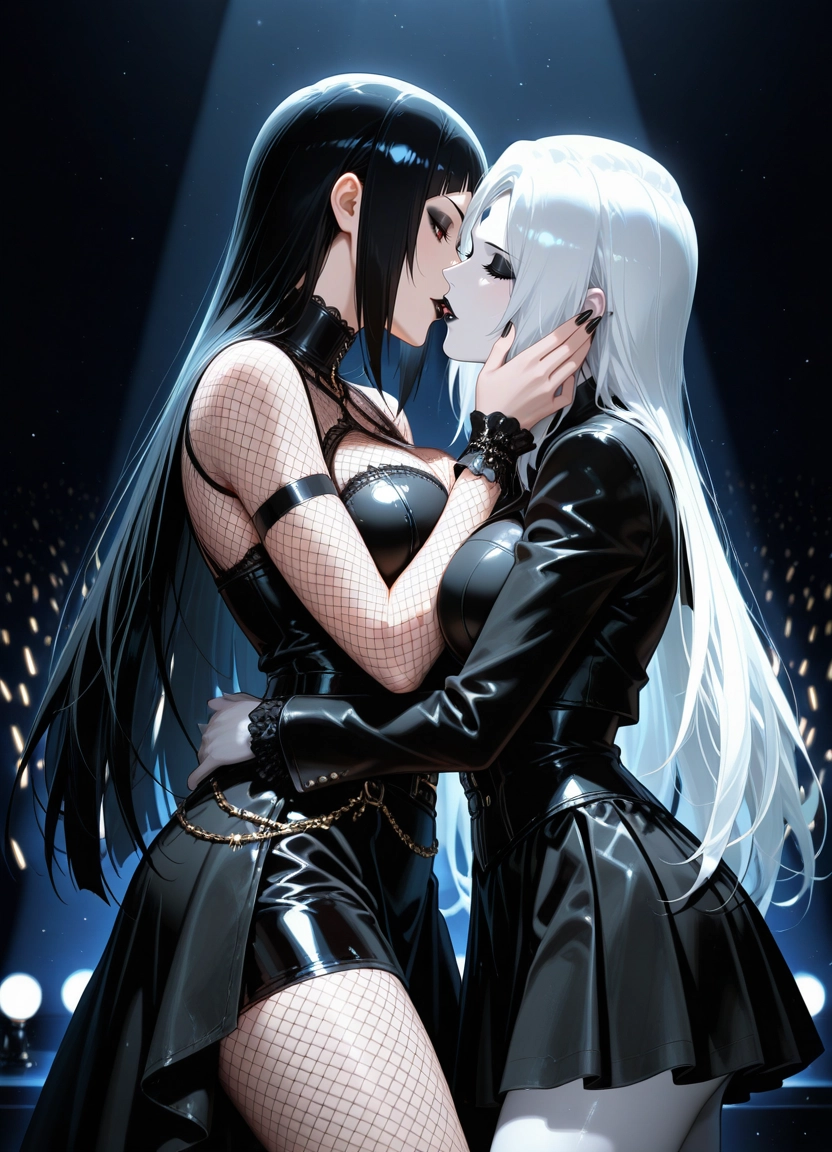 multiple girls, fishnets, 2girls, black lips, long hair, yuri · Yamete.gg