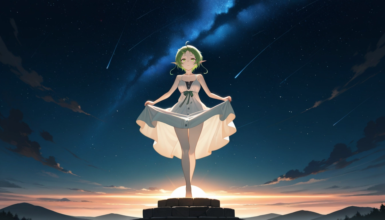 1girl, solo, dress, green hair, sky, white dress · Yamete.gg