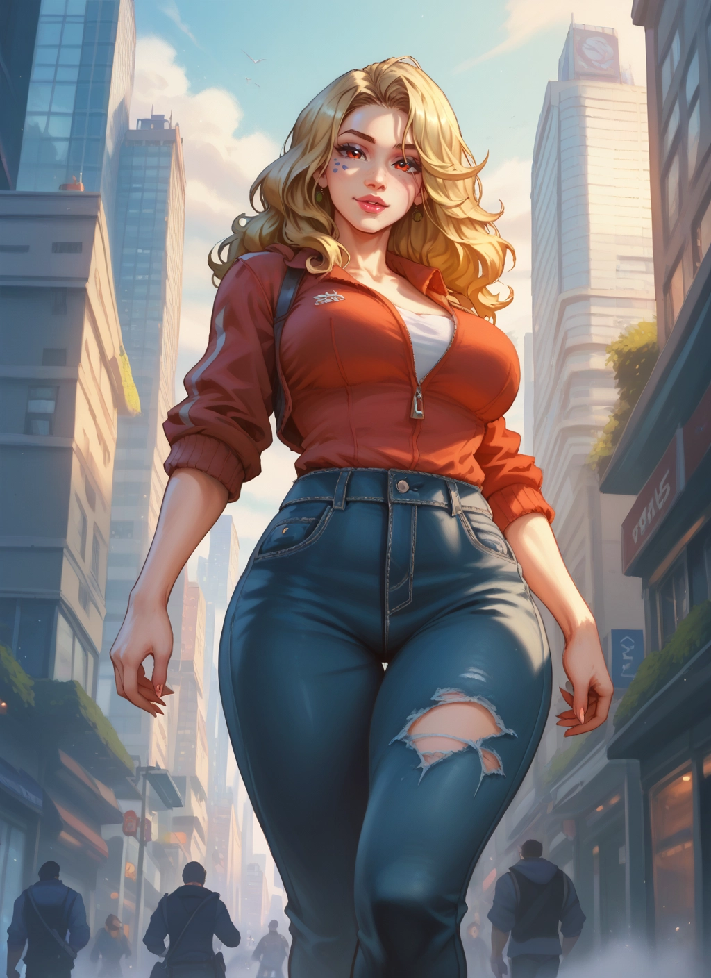 blonde hair, breasts, pants, denim, jeans, torn pants · Yamete.gg