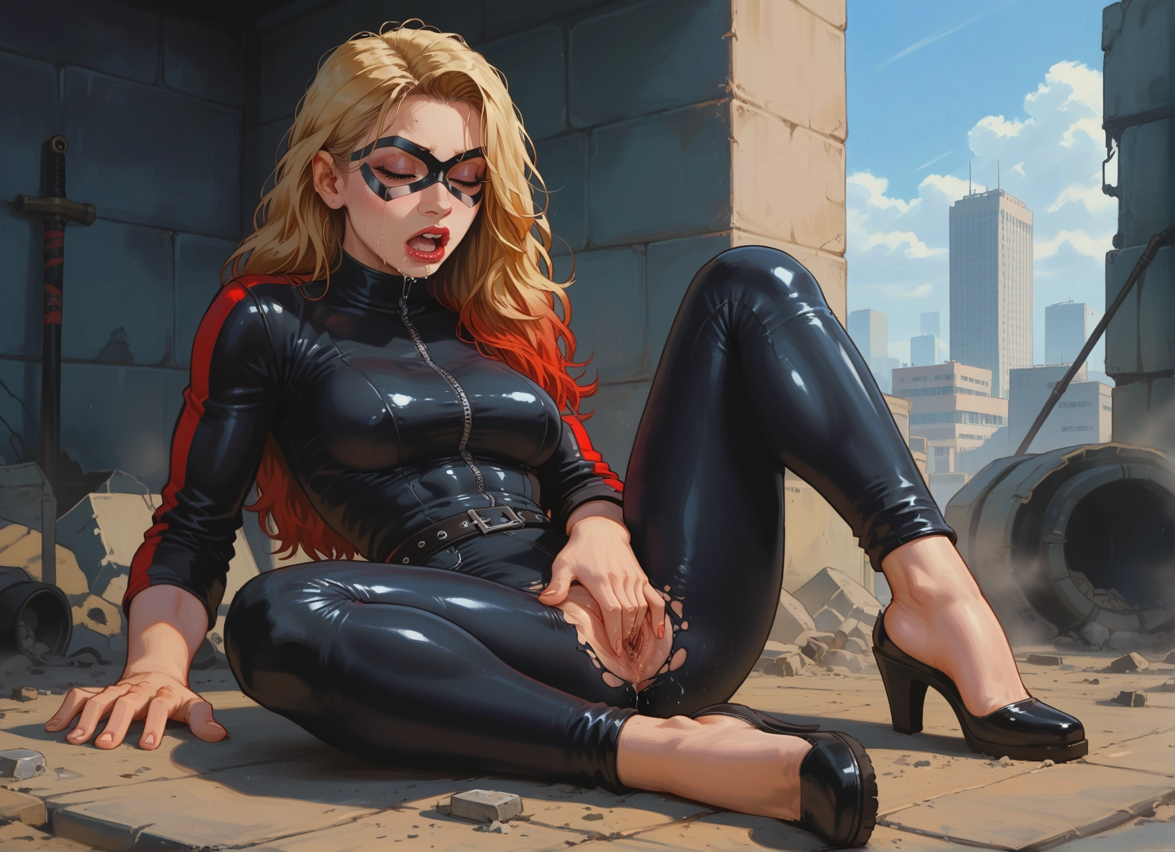 1girl, solo, pussy, blonde hair, high heels, torn clothes · Yamete.gg