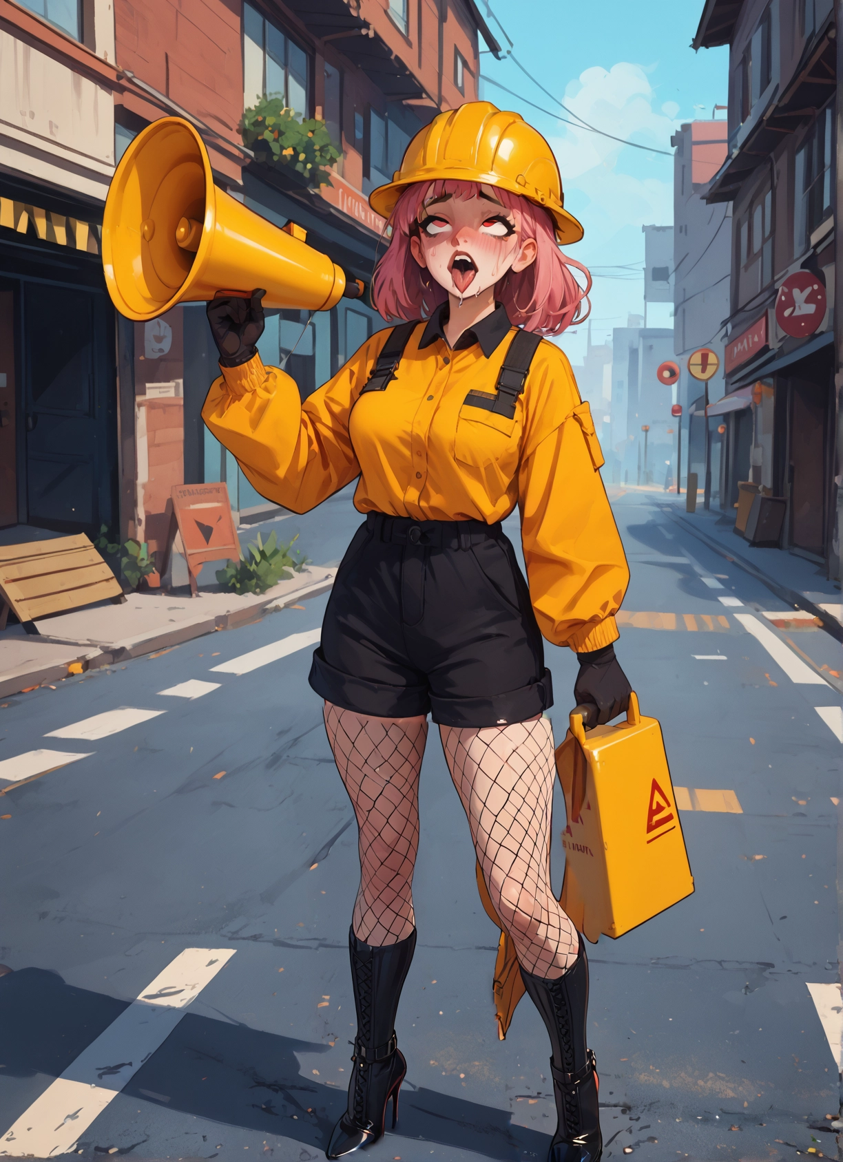 1girl, solo, gloves, boots, open mouth, pink hair · Yamete.gg