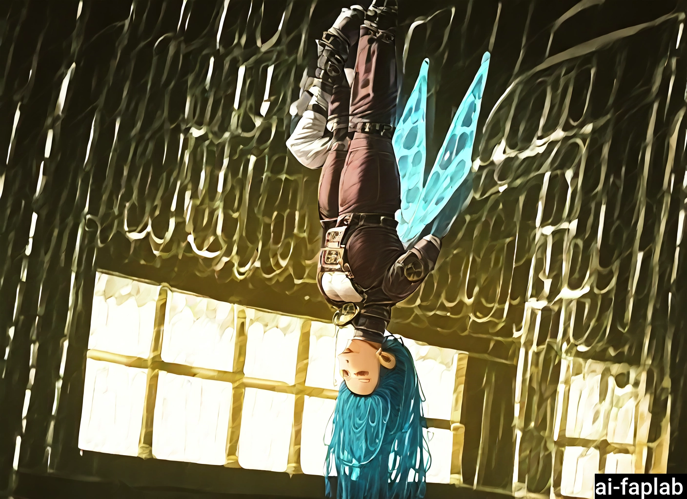 1girl, solo, upside-down, blue hair, long hair, closed eyes · Yamete.gg