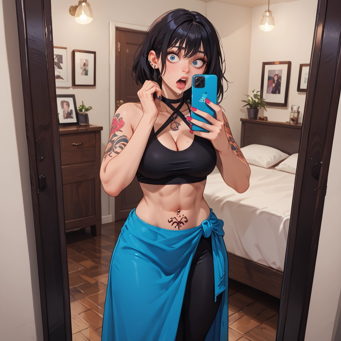 1girl, breasts, phone, tattoo, blue eyes, black hair · Yamete.gg