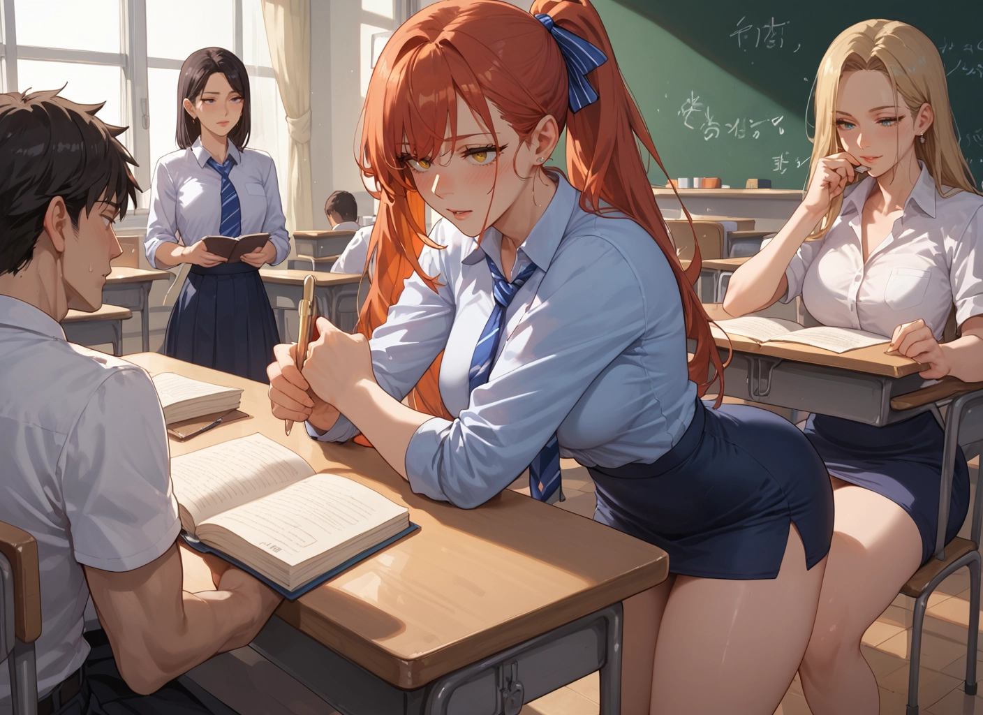 multiple girls, skirt, breasts, necktie, blonde hair, shirt · Yamete.gg