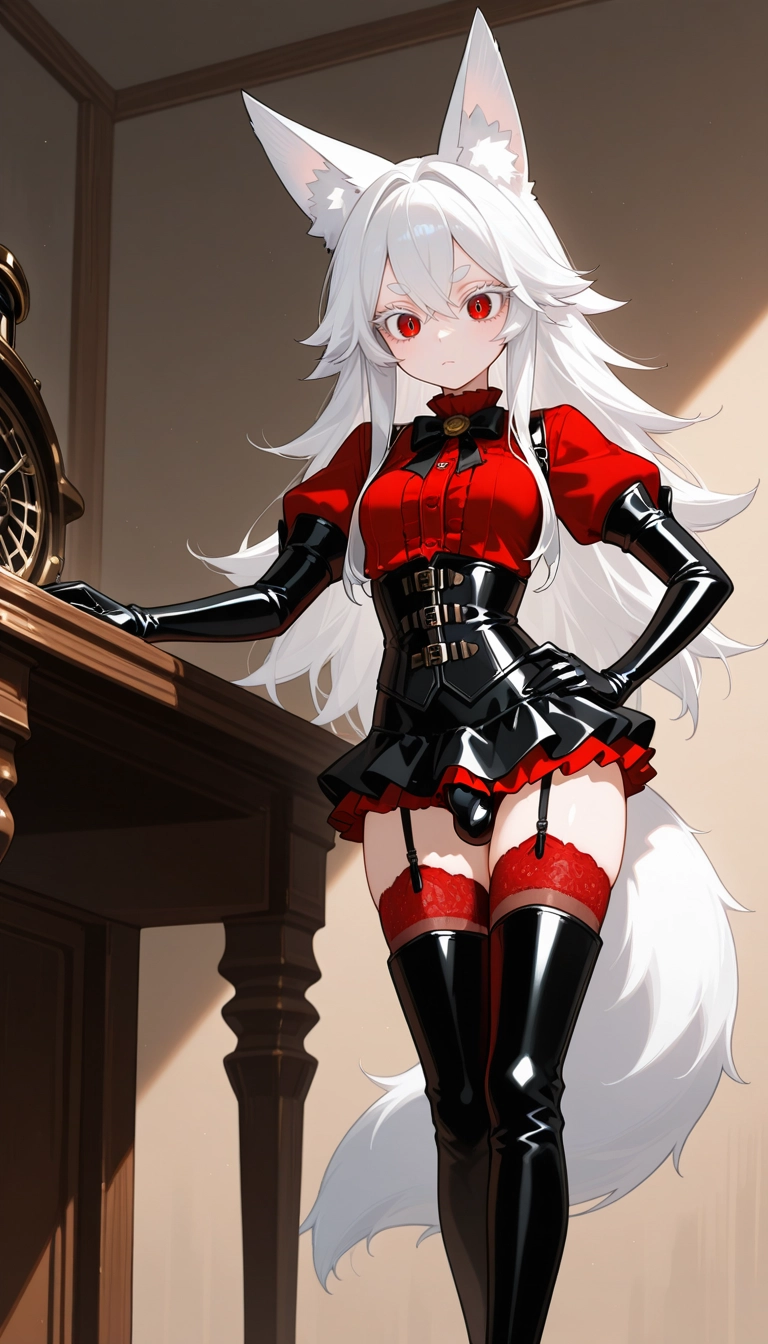 1girl, puffy sleeves, solo, thighhighs, red eyes, animal ears