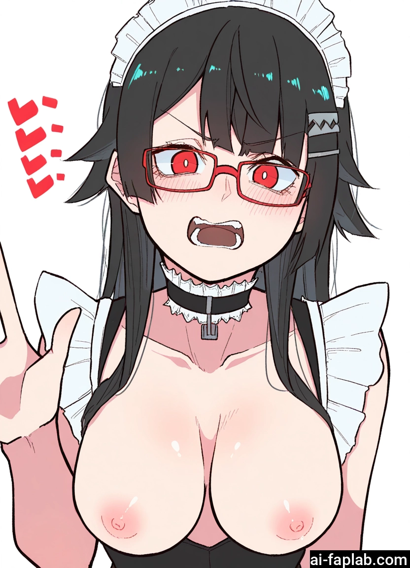 1girl, breasts, nipples, glasses, red eyes, black hair · Yamete.gg