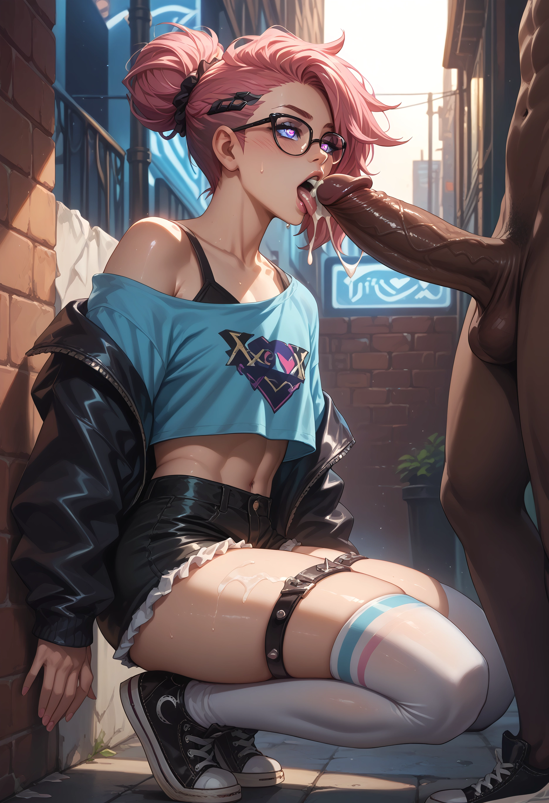 penis, 1girl, thighhighs, cum, glasses, hetero · Yamete.gg
