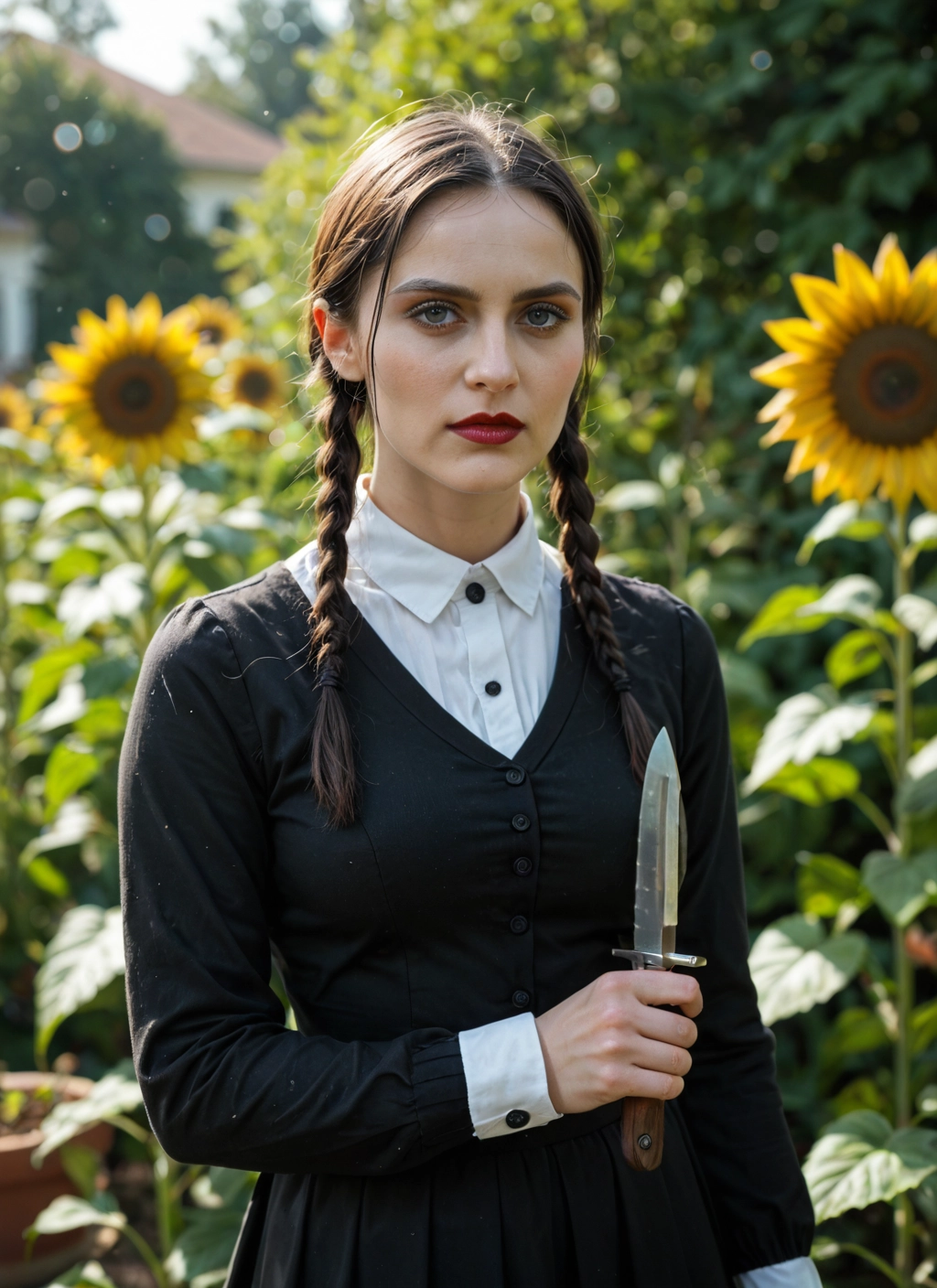 1girl, flower, solo, sunflower, knife, braid · Yamete.gg