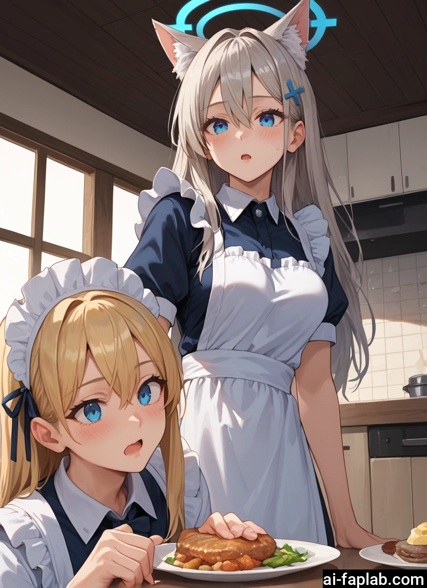 animal ears, multiple girls, 2girls, blue eyes, food, maid