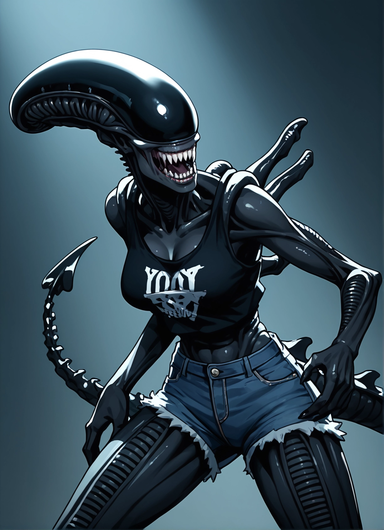 1girl, shorts, breasts, tail, solo, teeth · Yamete.gg
