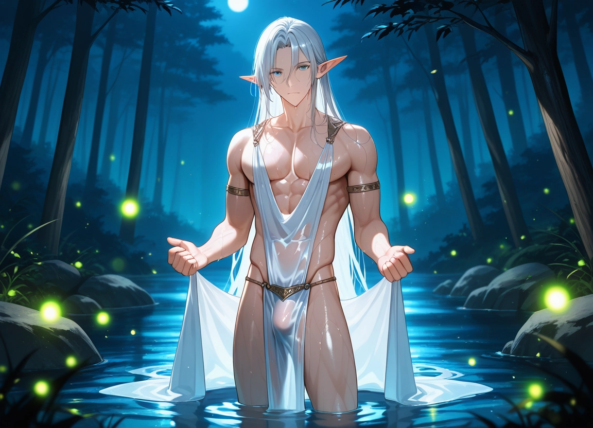 bara, pointy ears, 1boy, male focus, long hair, wet · Yamete.gg