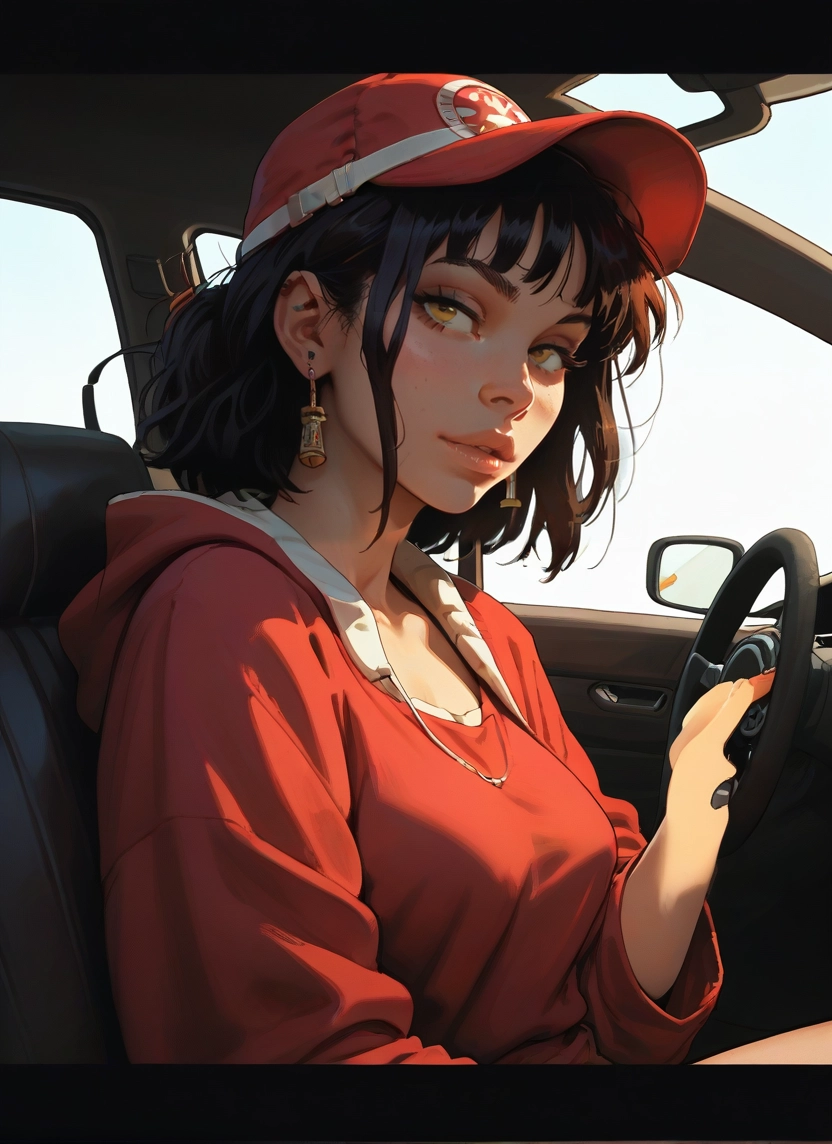 1girl, solo, hat, jewelry, earrings, hood