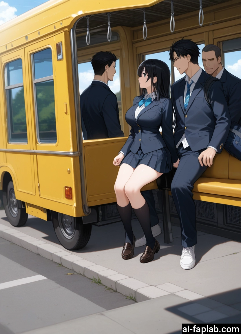 1girl, multiple boys, black hair, skirt, school uniform, ground vehicle