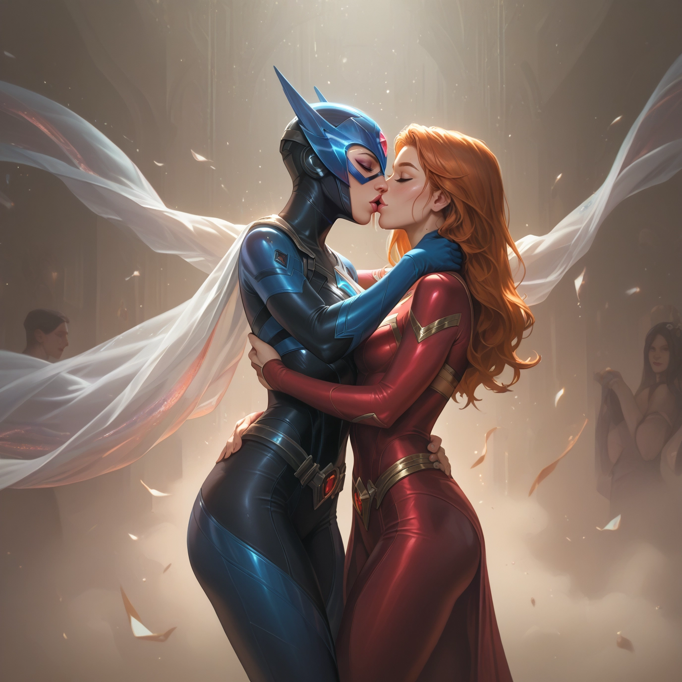 yaoi, multiple girls, kiss, yuri, closed eyes, bodysuit · Yamete.gg