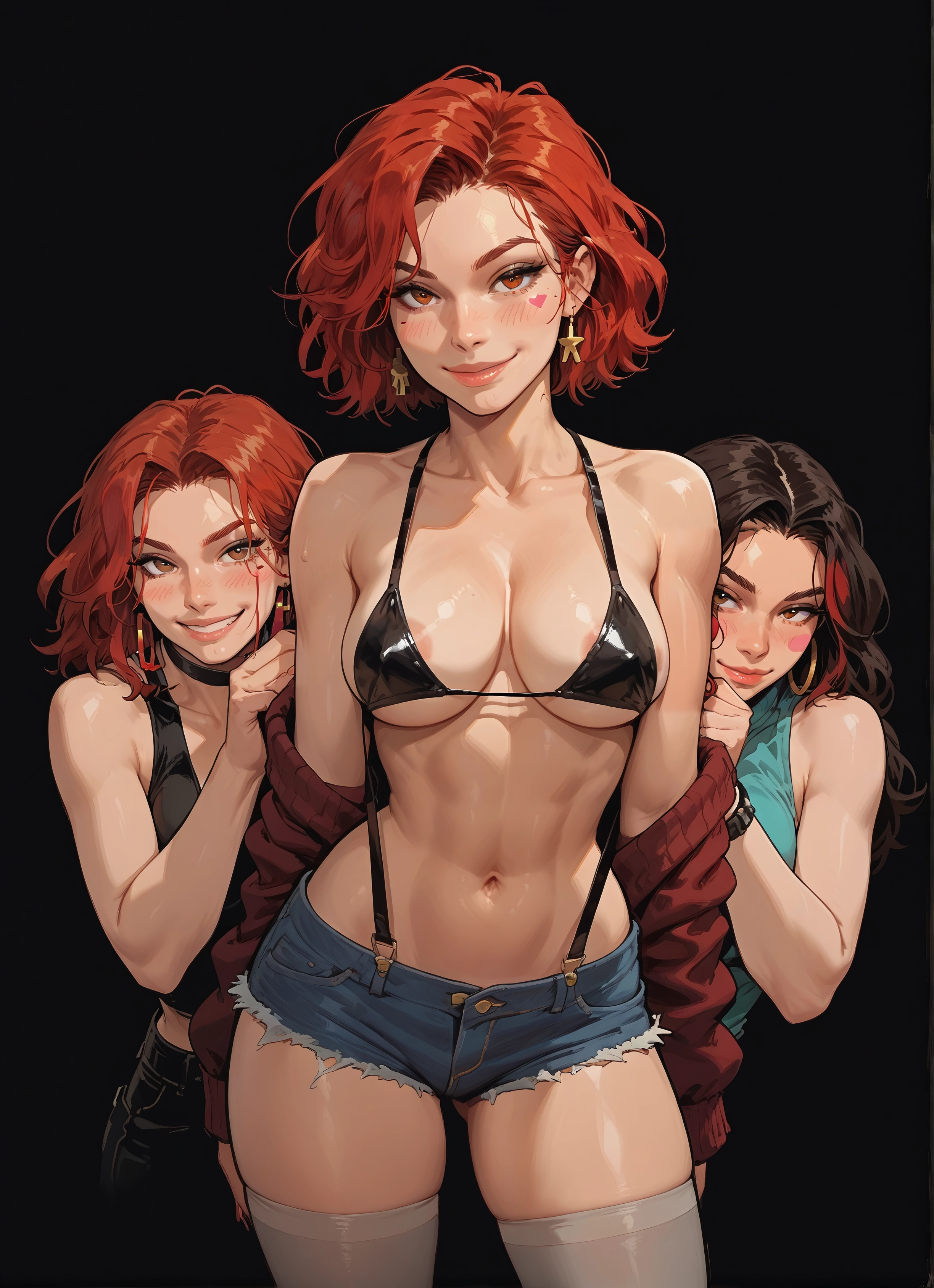breasts, multiple girls, shorts, jewelry, thighhighs, swimsuit · Yamete.gg