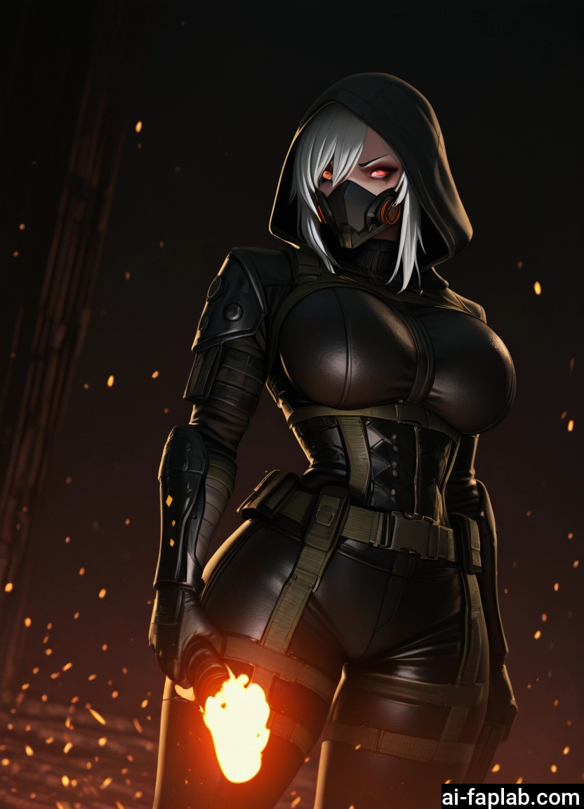 1girl, breasts, mask, hood, solo, large breasts
