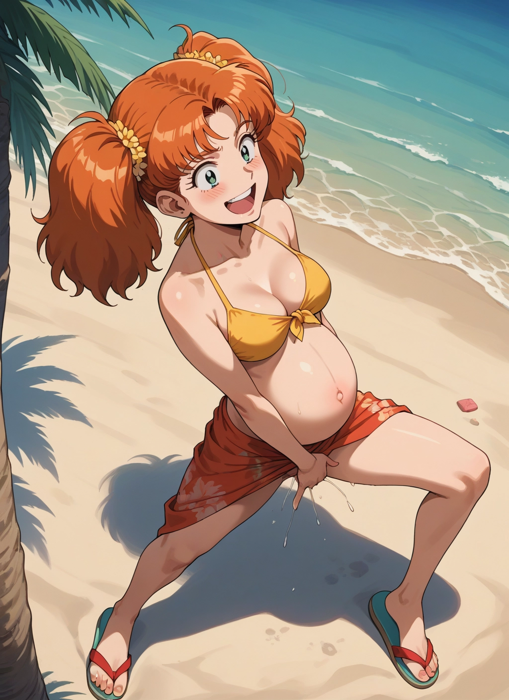 1girl, swimsuit, solo, sandals, breasts, sarong
