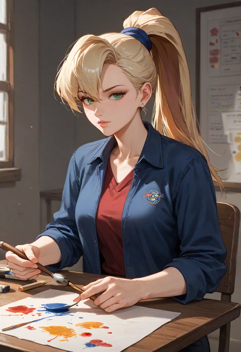 1girl, blonde hair, green eyes, solo, shirt, ponytail