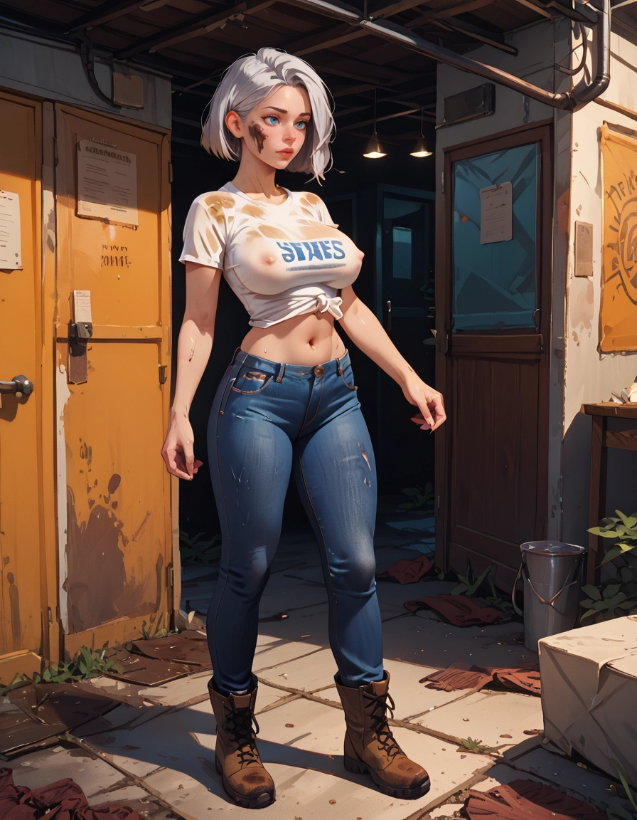 1girl, pants, dirty, breasts, shirt, denim · Yamete.gg