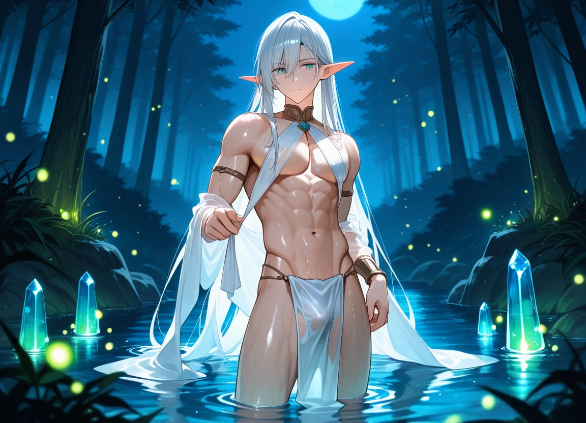 pointy ears, long hair, elf, abs, moon, solo · Yamete.gg