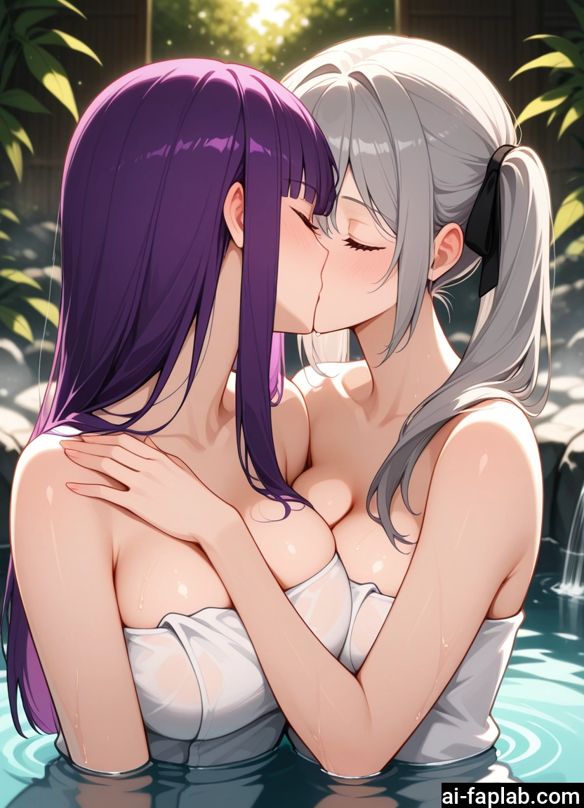 breasts, multiple girls, 2girls, kiss, yuri, towel