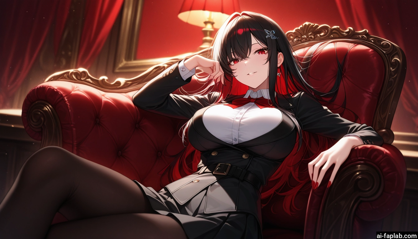 1girl, breasts, pantyhose, red eyes, solo, skirt