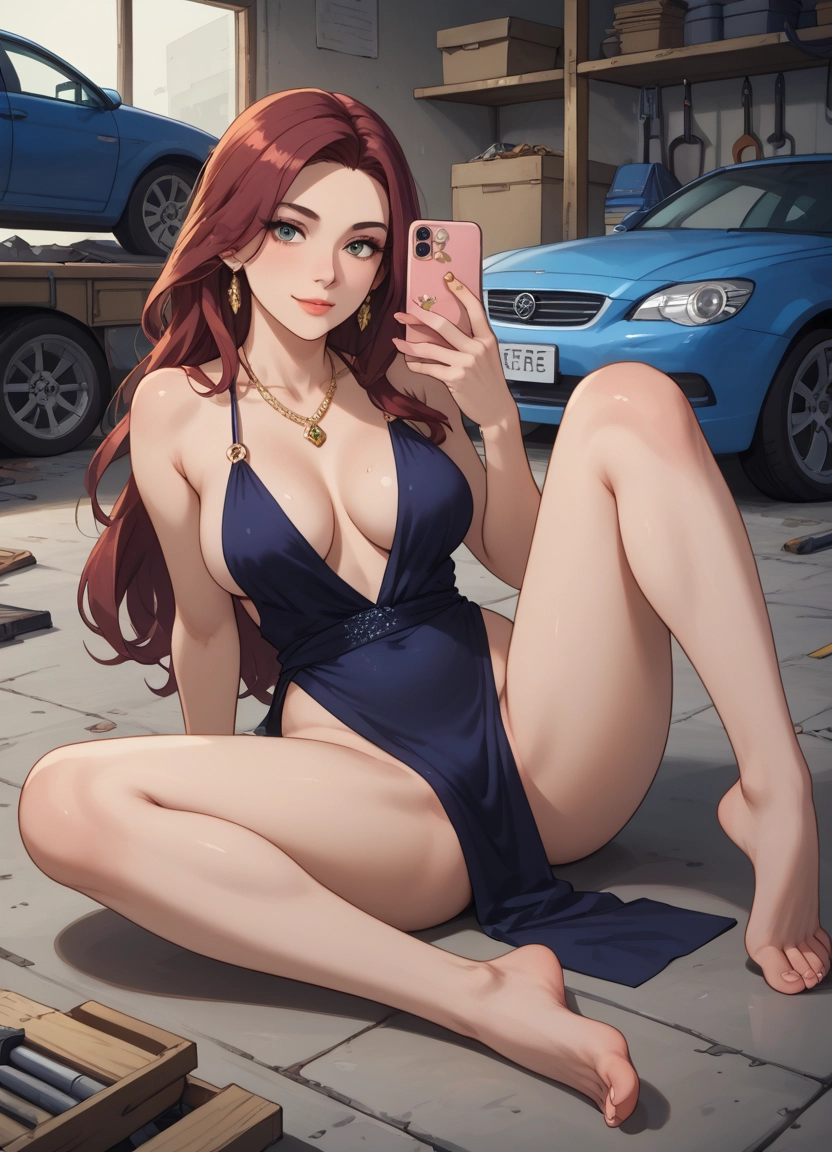 1girl, breasts, phone, jewelry, barefoot, ground vehicle