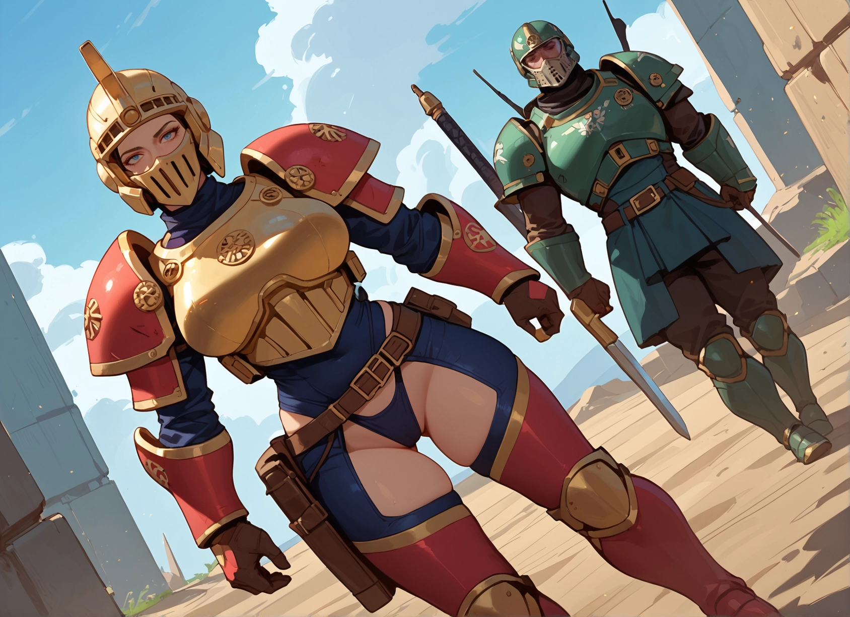 1girl, weapon, armor, 1boy, helmet, sword · Yamete.gg