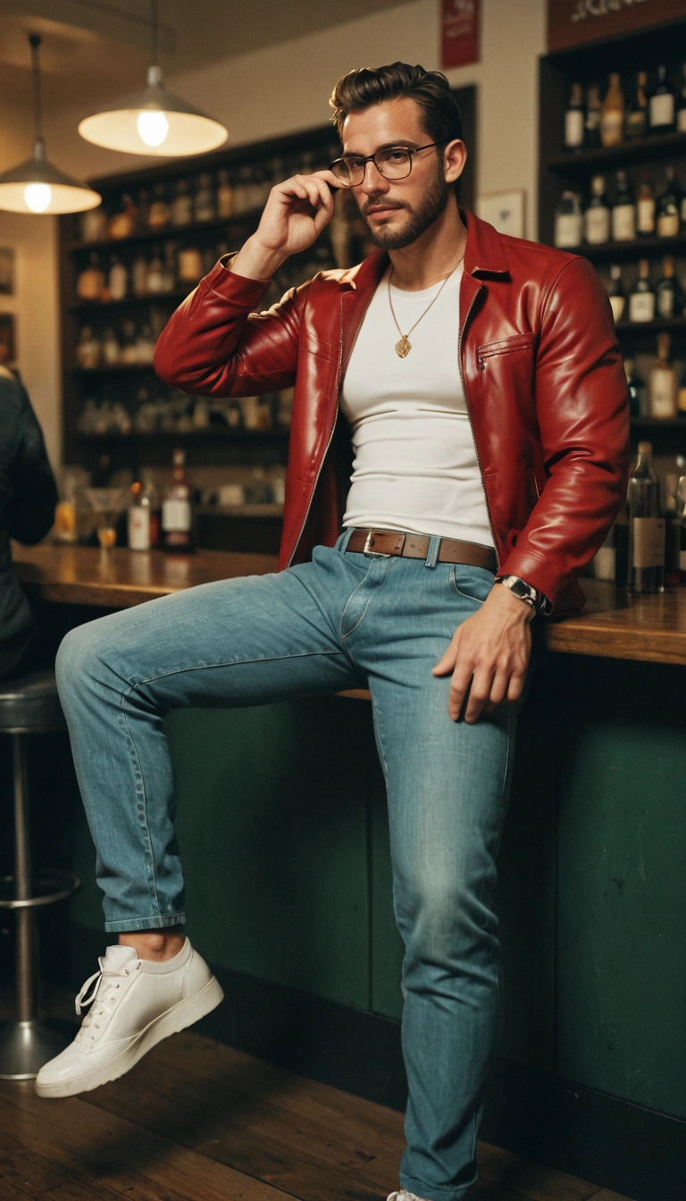 bara, bar (place), pants, facial hair, beard, male focus · Yamete.gg