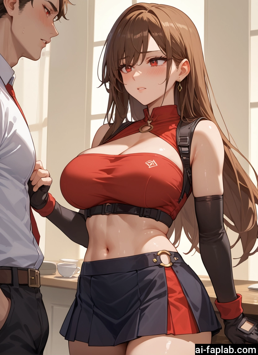 breasts, 1girl, 1boy, skirt, gloves, navel · Yamete.gg