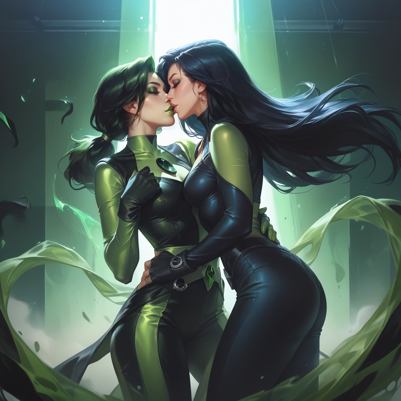 multiple girls, 2girls, yuri, breasts, long hair, green hair · Yamete.gg