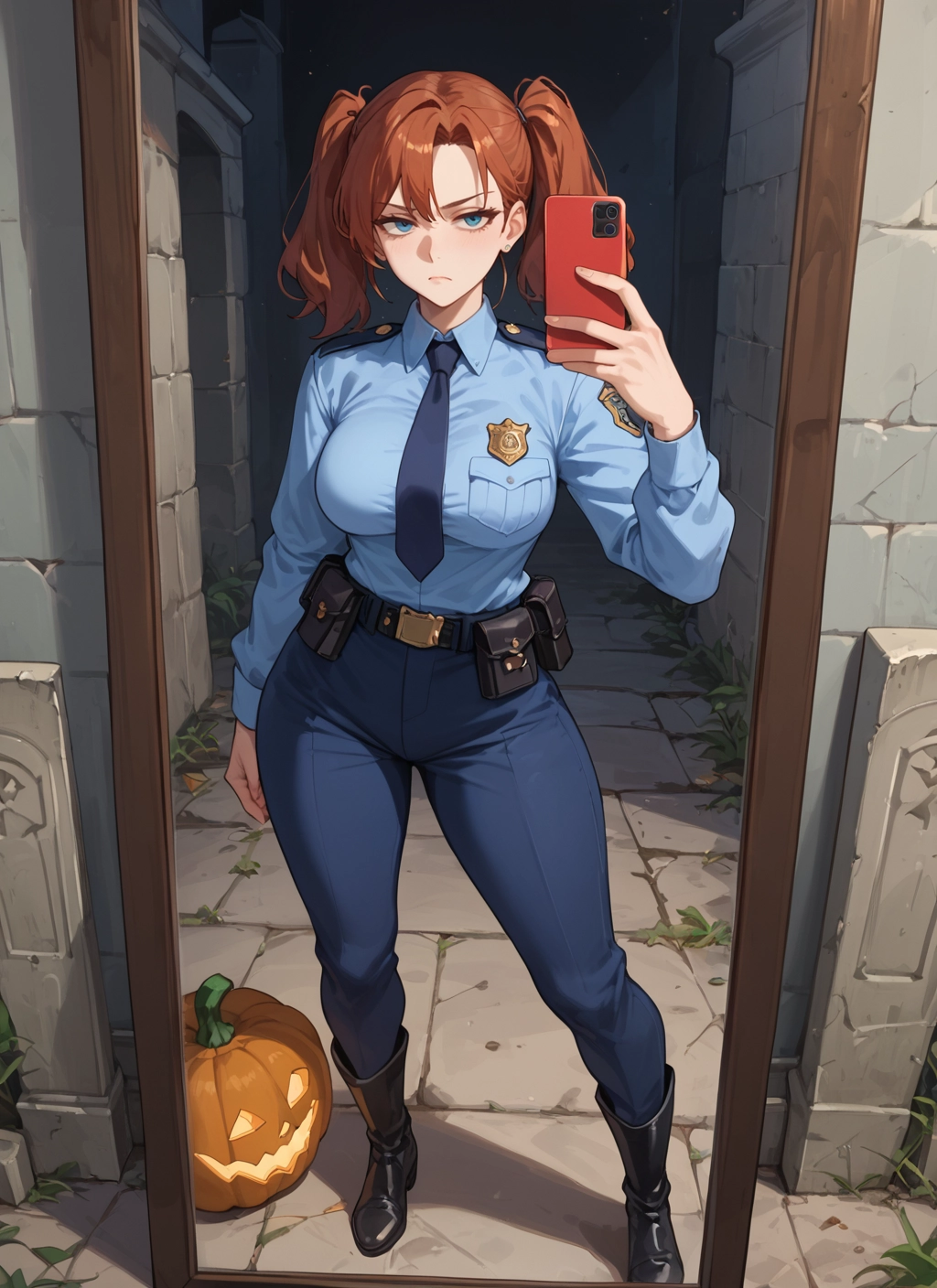 1girl, phone, twintails, necktie, blue eyes, police · Yamete.gg