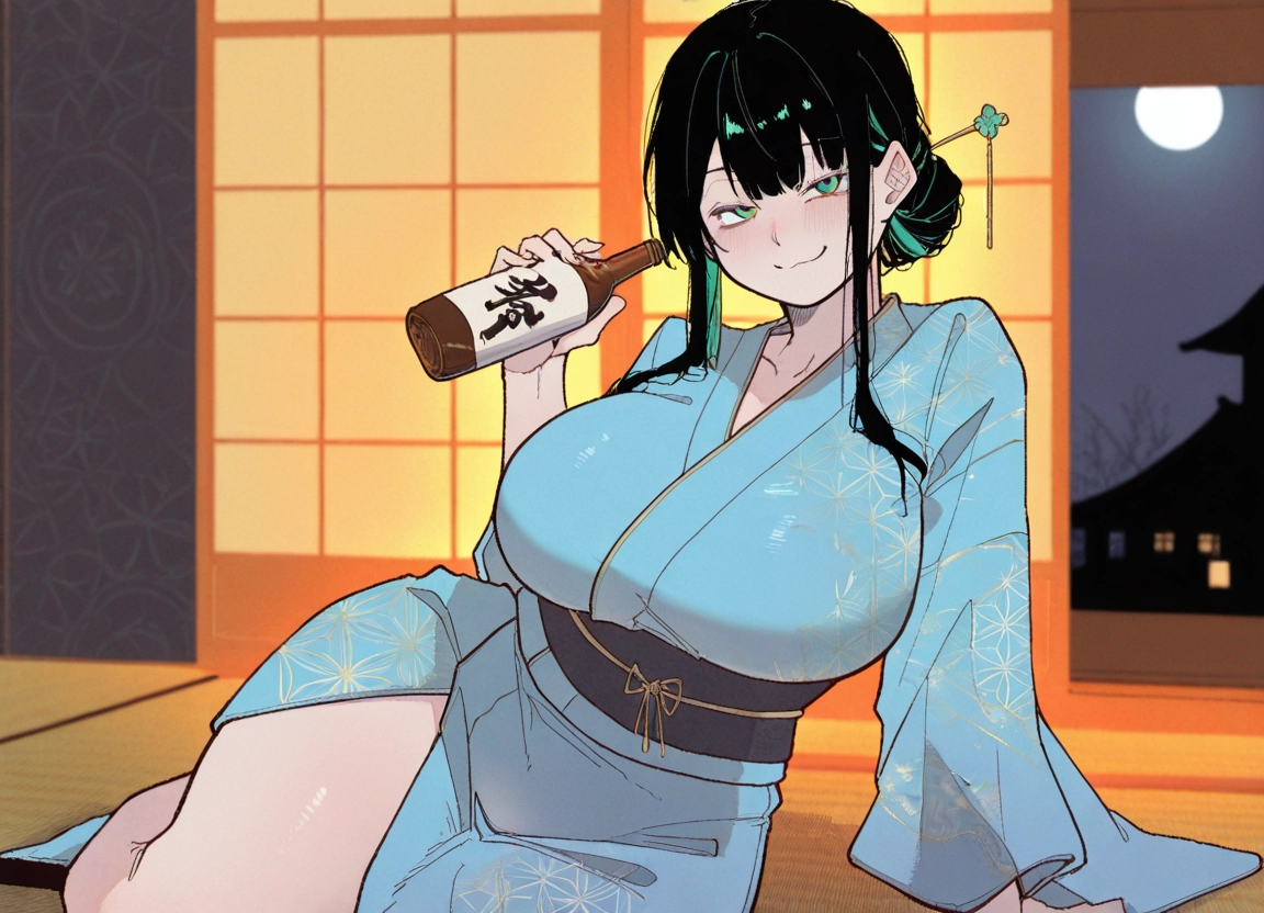 1girl, breasts, japanese clothes, kimono, bottle, smile · Yamete.gg