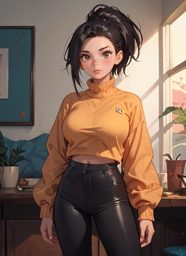1girl, solo, pants, sweater, brown eyes, breasts