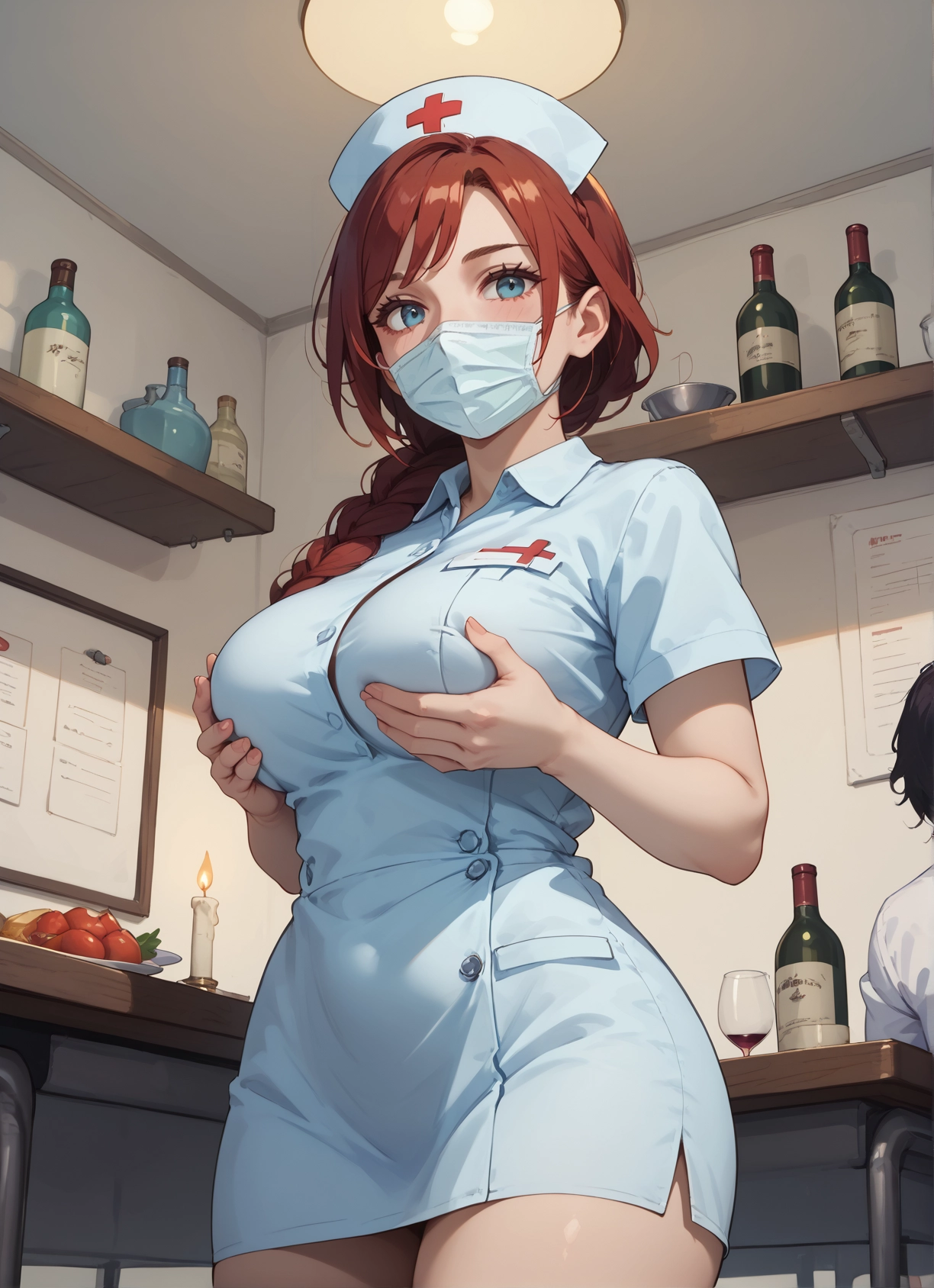 breasts, nurse, mask, nurse cap, mouth mask, blue eyes · Yamete.gg