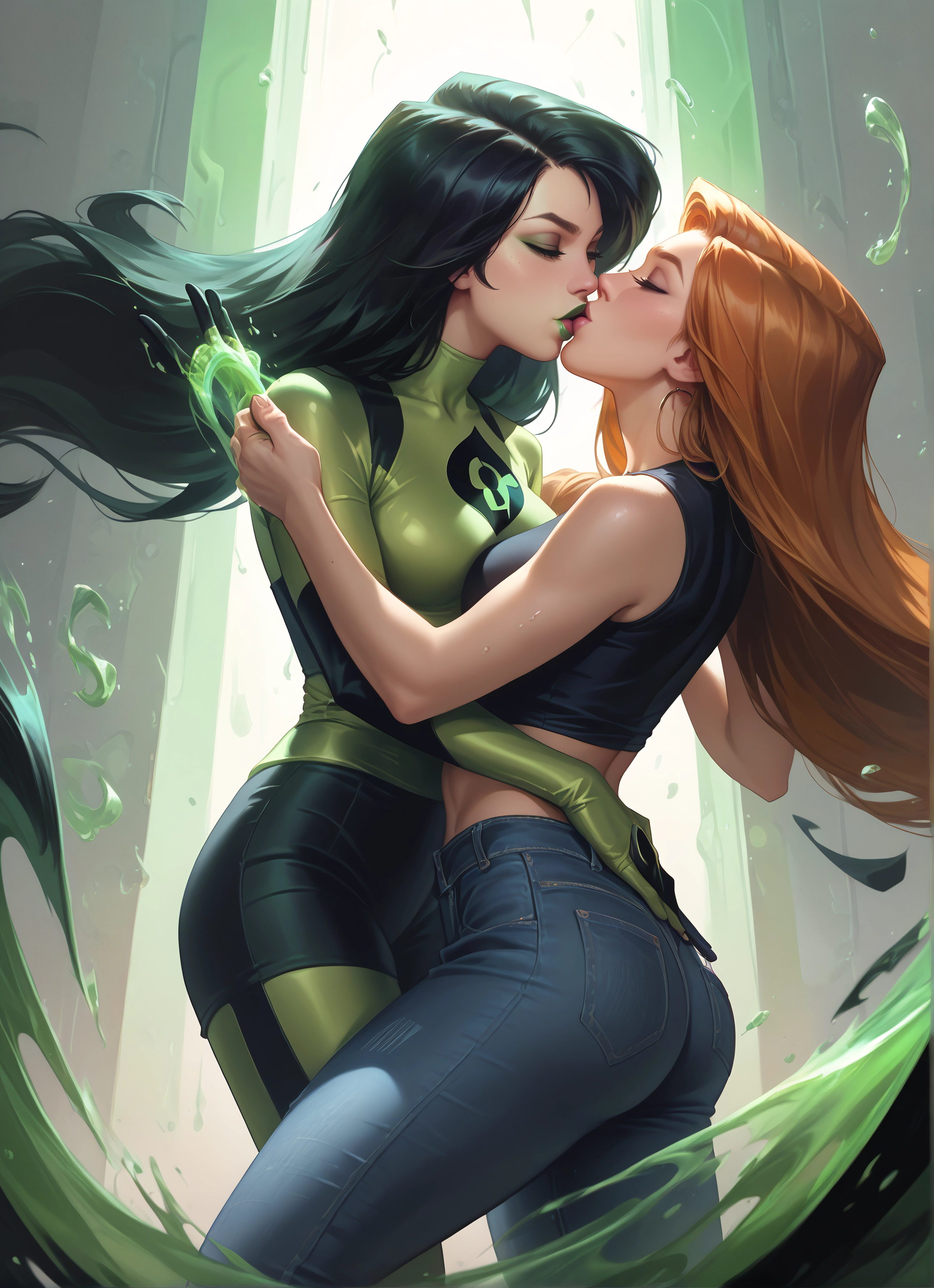 multiple girls, 2girls, yuri, kiss, closed eyes, pants · Yamete.gg